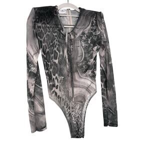 TUBO sheer printed long sleeve bodysuit with shoulder pads luxury art deco